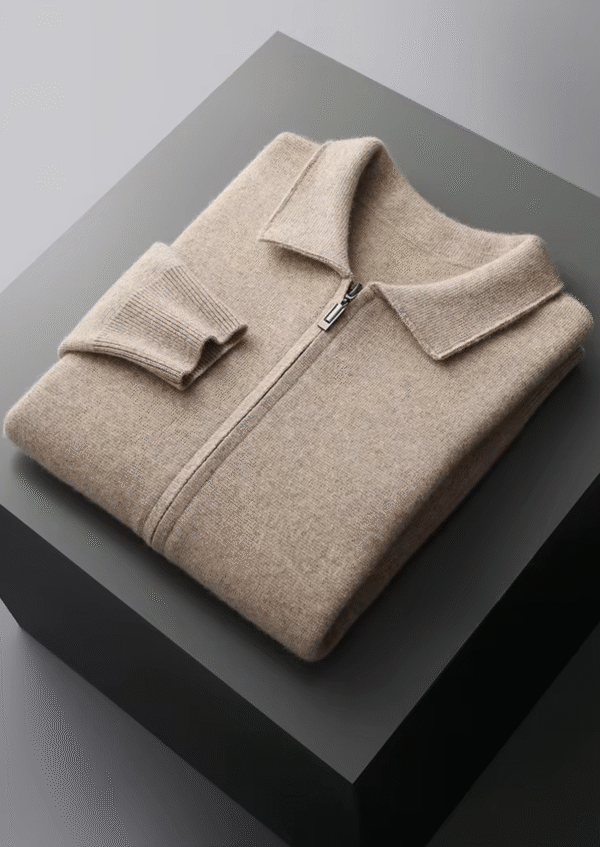 EXTRA-FINE MERINO WOOL ZIP POLO CARDIGAN